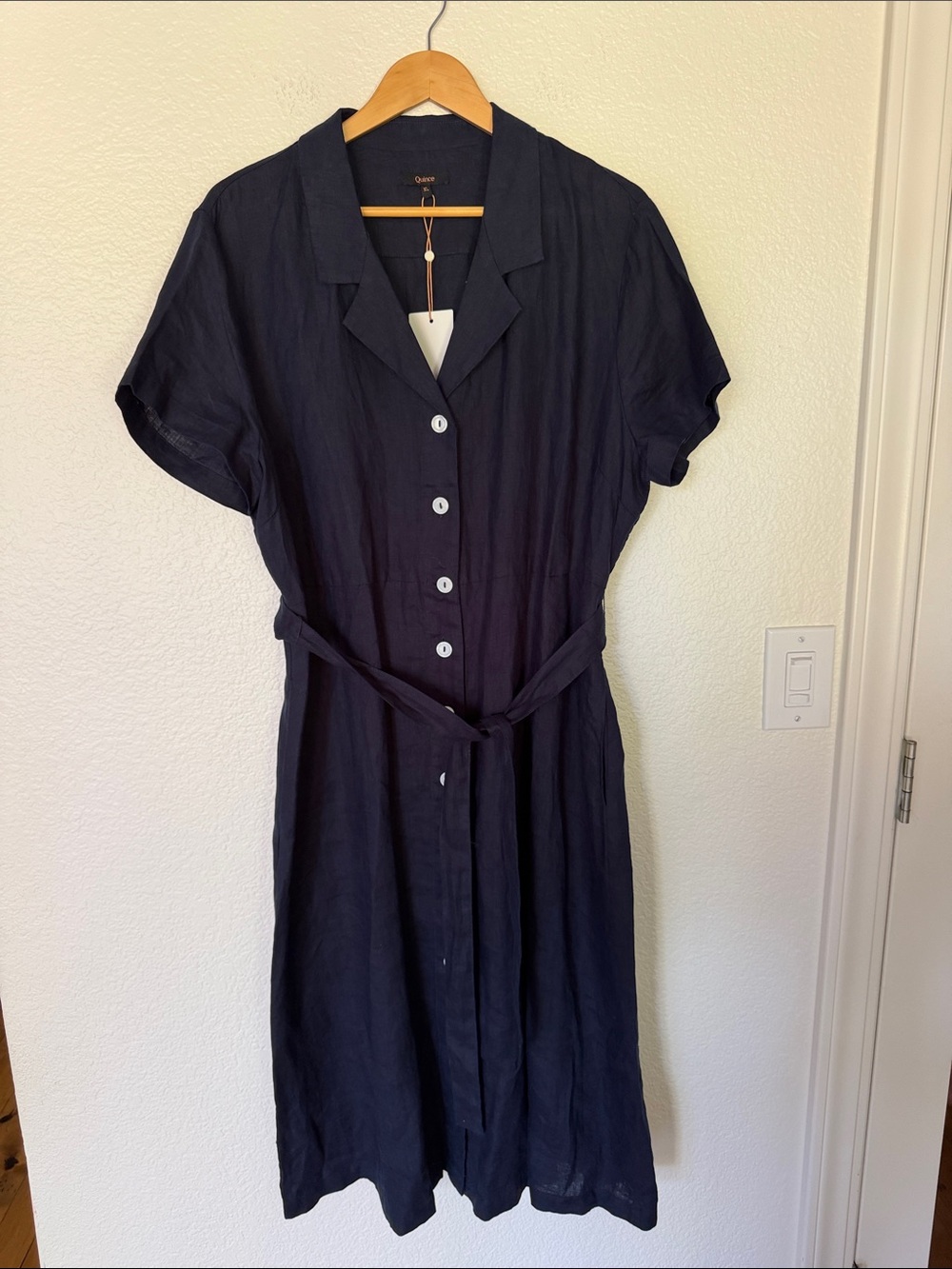 NWT Quince Navy Button-Front Tie-Waist Shirt Dress xl - Picture 2 of 5